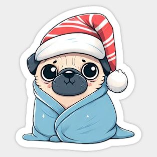 Cute Christmas Pug in Blanket Sticker